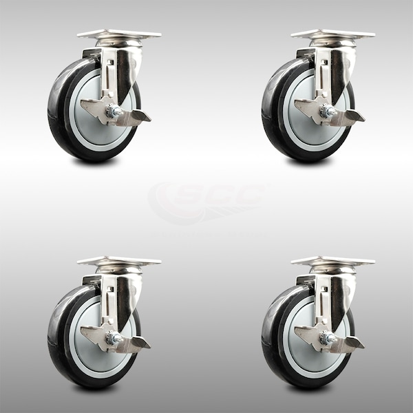 Service Caster 5 Inch 316SS Black Polyurethane Wheel Swivel Top Plate Caster Set with Brake SCC SCC-SS31620S514-PPUB-BLK-TLB-4 - main